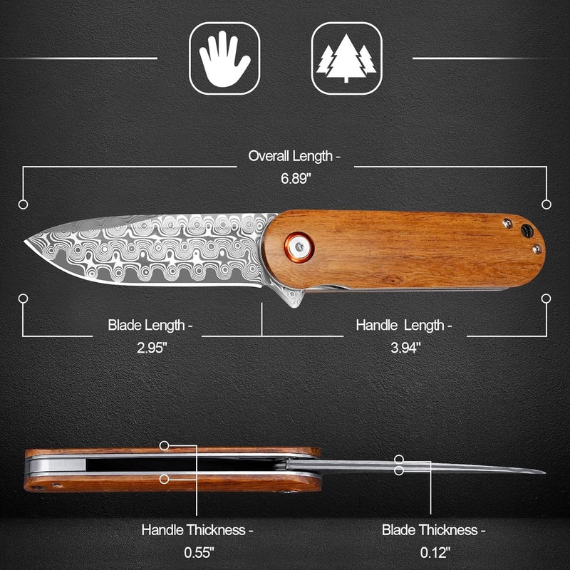 Zingbee Damascus Pocket Knife, 2.95" Damascus Steel Blade Pocket Knives & Folding Knives, Wooden Handles EDC Knife for Women Men - Image 2